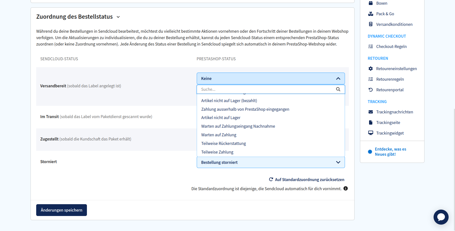 Ordne deine Sendcloud- und PrestaShop-Status zu, um Bestellungen zu